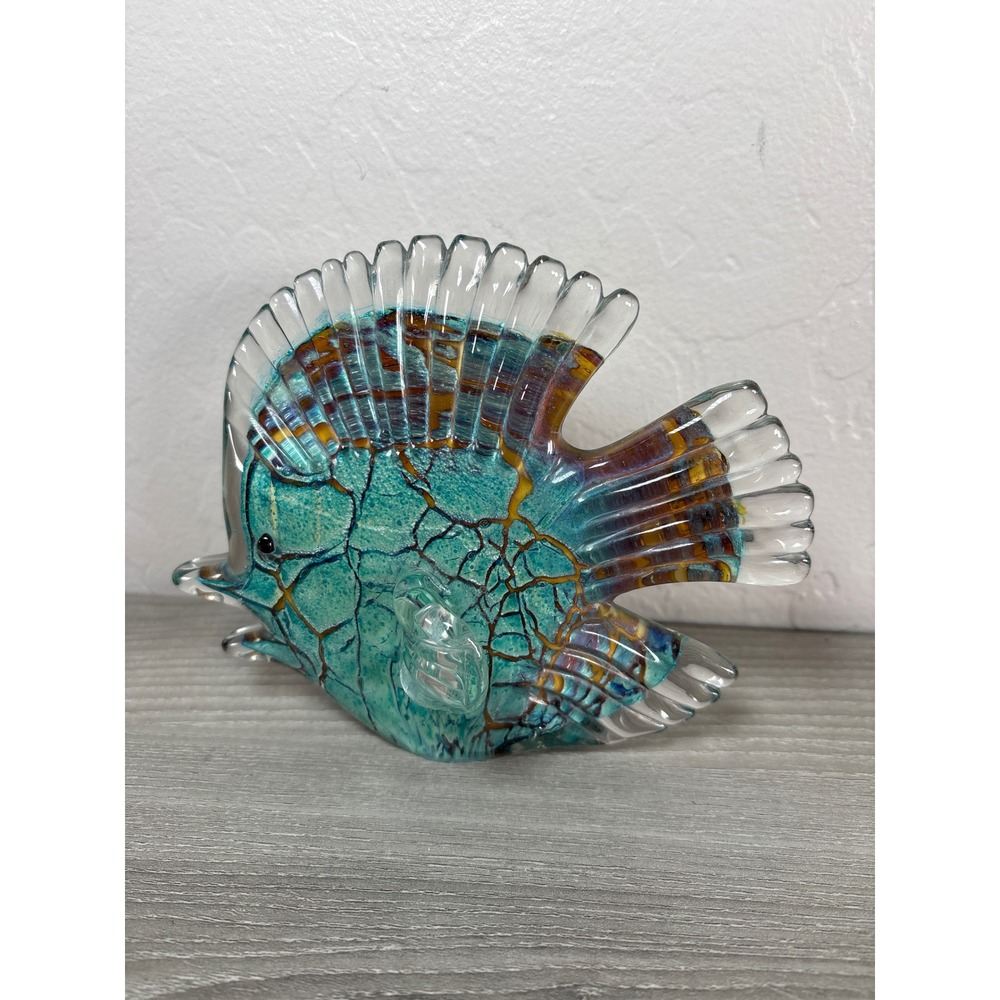 Paperweight Tropical Fish Hand Blown Turquoise & Yellow Vivid Art Glass